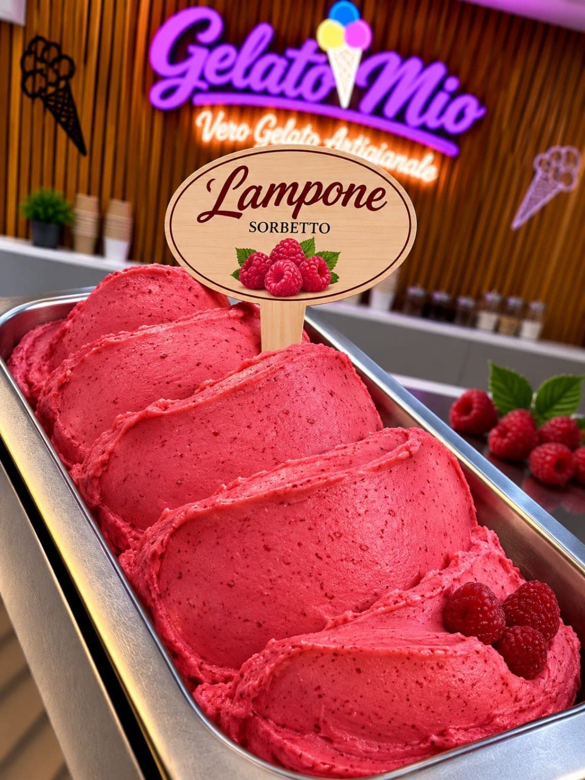Verse frambozensorbet met verse frambozen in de vitrine van Gelato Mio in Soest